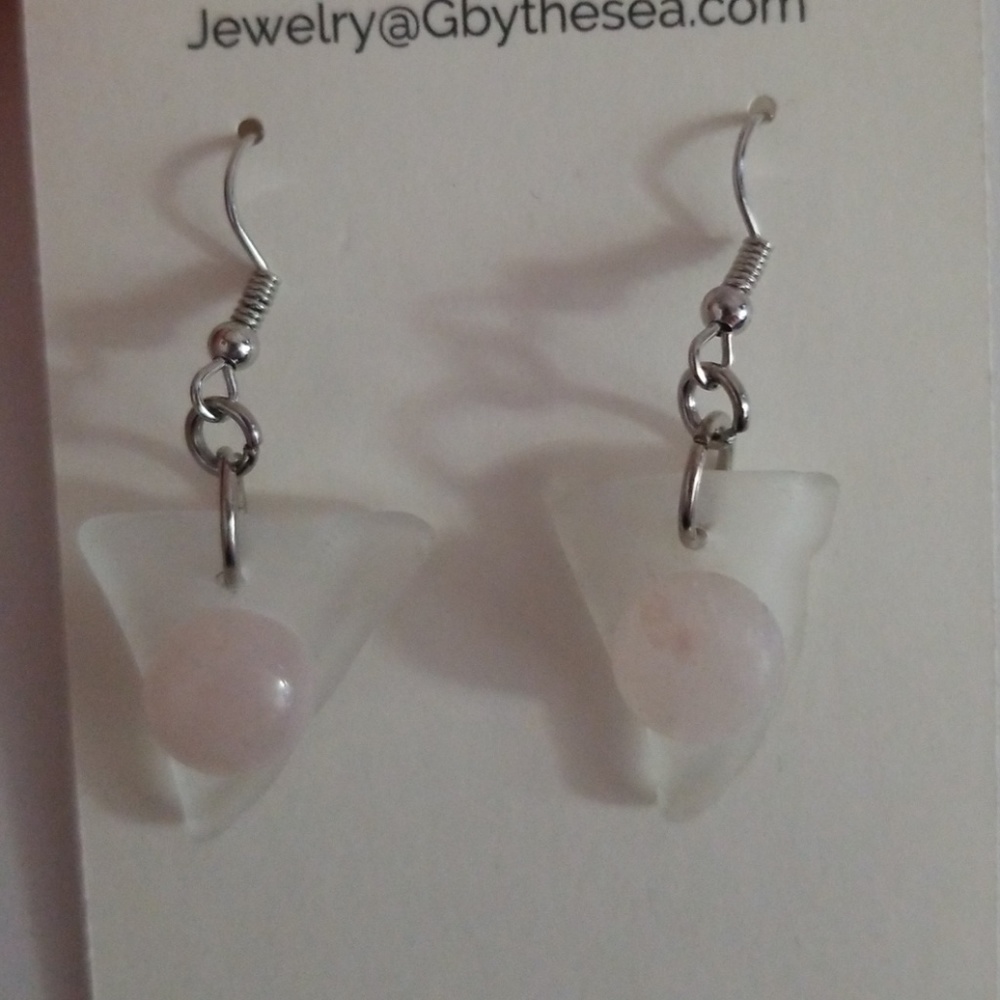 REAL SEAGLASS earrings w rose quartz accent